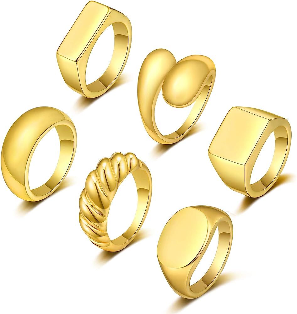 FUNEIA 6Pcs Thick Dome Chunky Rings for Women Men 18K Gold Plated Round Signet Rings Braided Twis... | Amazon (US)