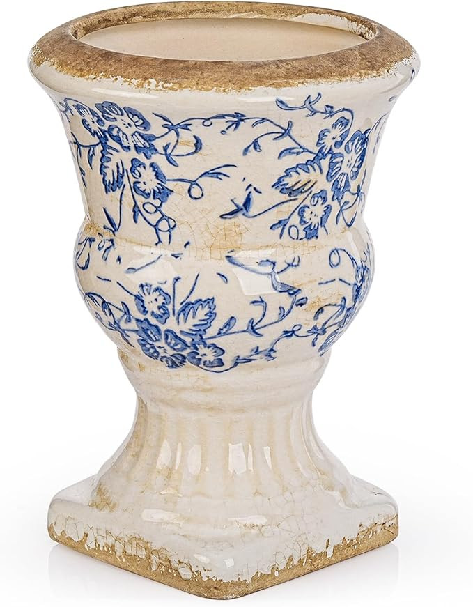 Sungmor Small Ceramic Urn Planter - Blue and White Floral Pedestal Flower Pot, Decorative Vintage... | Amazon (US)