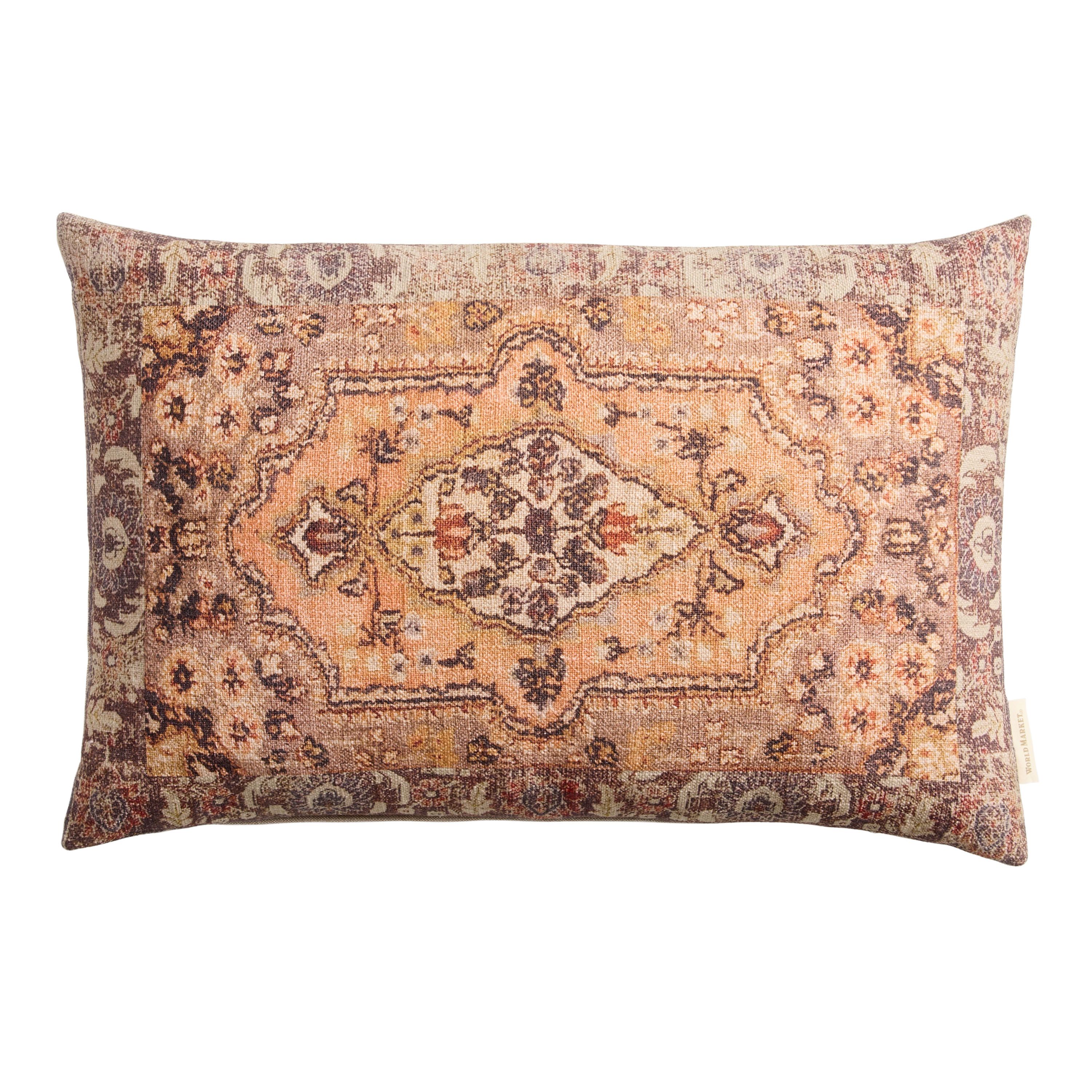 Coral Cotton Slub Floral Rug Print Lumbar Pillow | World Market