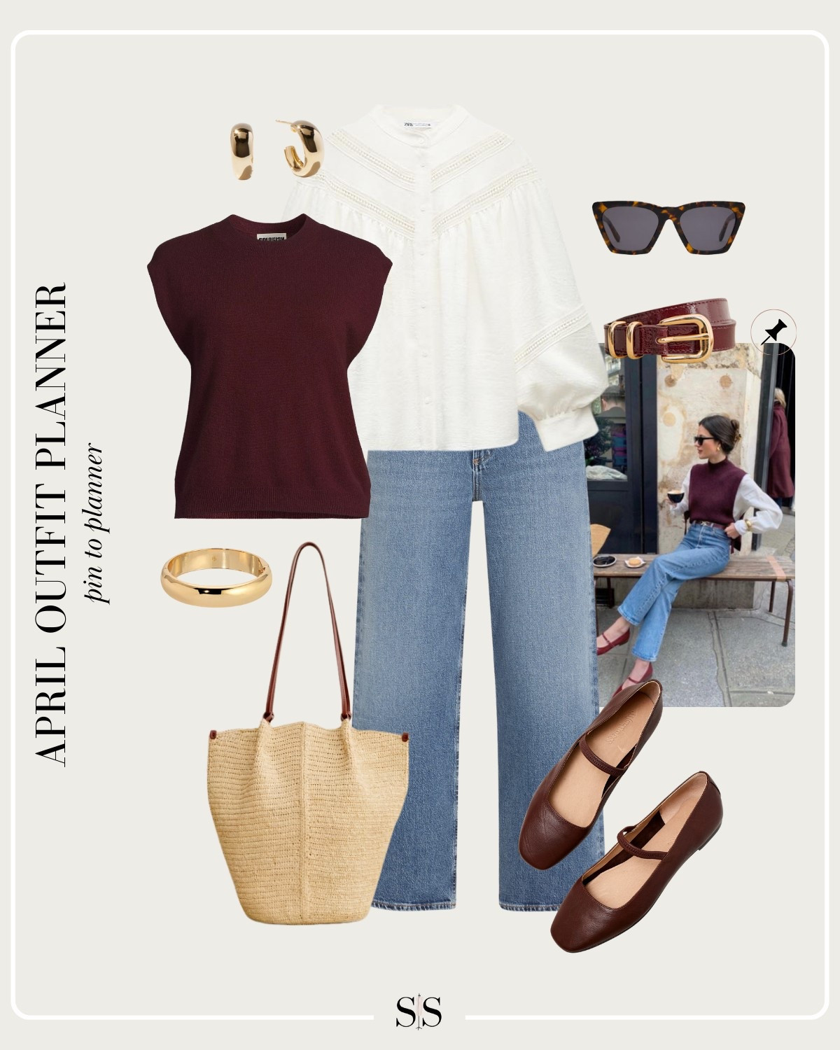Monthly outfit planner APRIL: Spring transitional looks, pin to planner outfit inspo | cropped denim, burgundy vest, white blouse, layered look, ballet flats, raffia tote 

#springoutfit #casualoutfit #parisianstyle

Image credit: @leasy_inparis

#LTKStyleTip