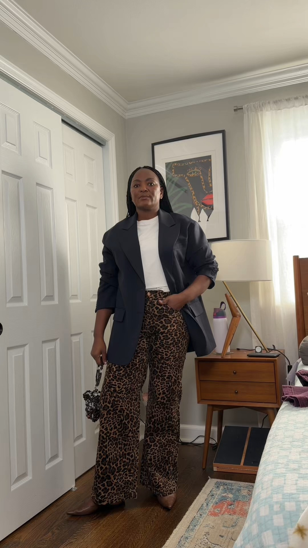 Styling leopard print corduroy pants 

How to style, oversized blazer, 