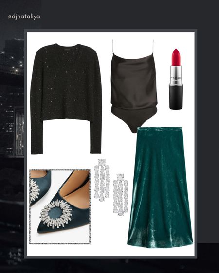 Black sequin sweater 
Rhinestone strap cami bodysuit 
Teal green velvet skirt
Embellished heels 
Casual holiday party outfit ideas 
Holiday outfits 

#skirtoutfit
#skirtandsweater
#winterdressshoes
#greenskirt
#christmasoutfit

#LTKshoecrush #LTKHoliday #LTKSeasonal