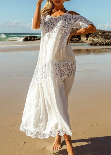 Lace Stitching White Round Neck Cover Up | modlily.com - USD 31.98 | modlily.com