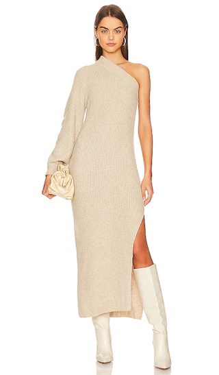 Feride One Shoulder Midi Dress in Oatmeal | Revolve Clothing (Global)