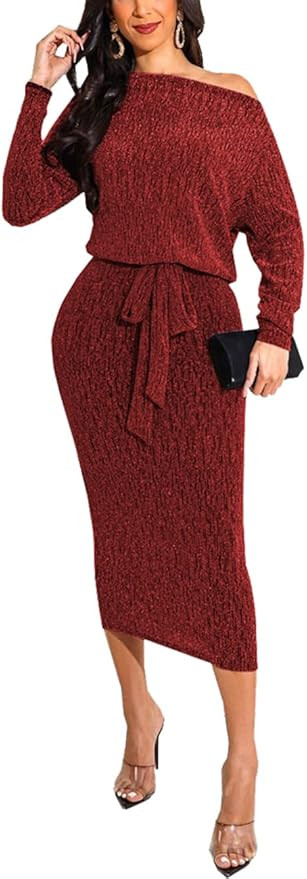 BessCops Women's Sparkly Dresses Long Sleeve Bodycon Sequin Cocktail Midi Dress Evening Party Bal... | Amazon (US)