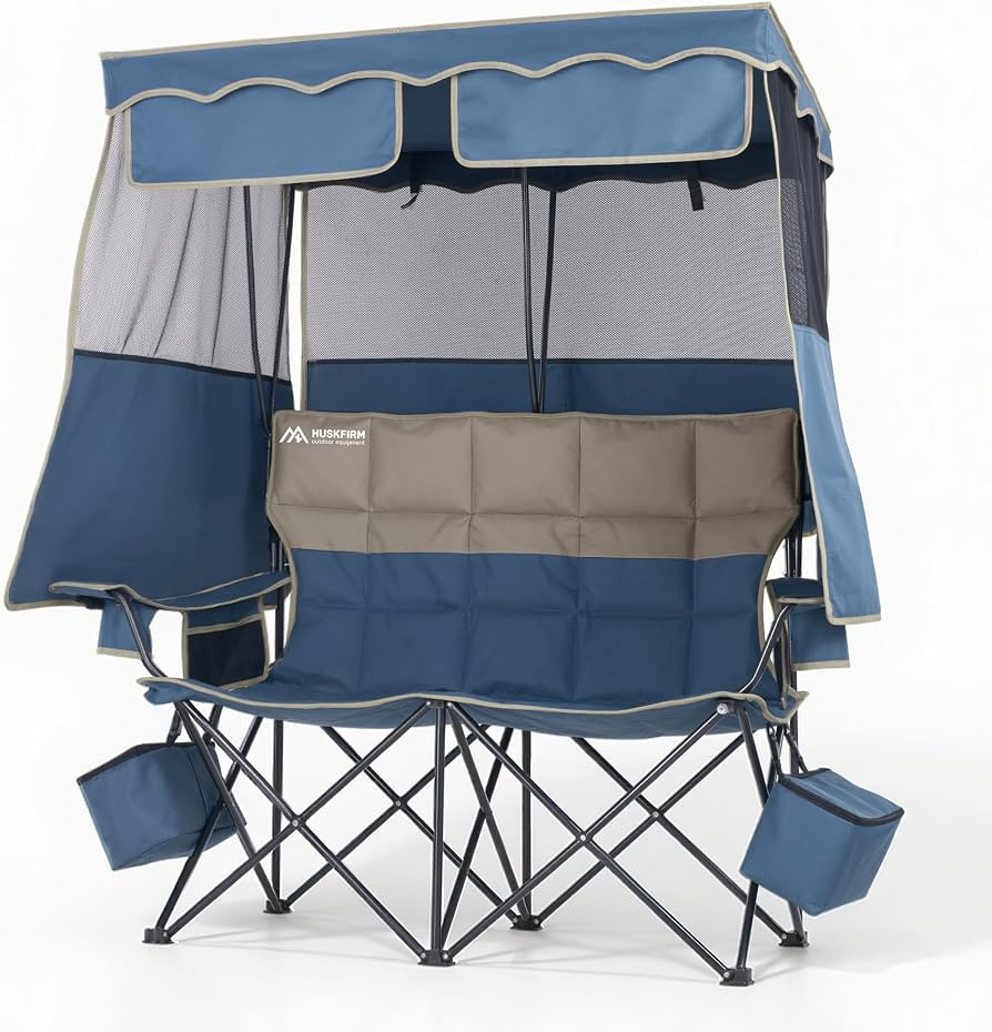 Padded Double Camping Chair With Canopy,Folding Chair Support 450LBS, Blue | Amazon (US)