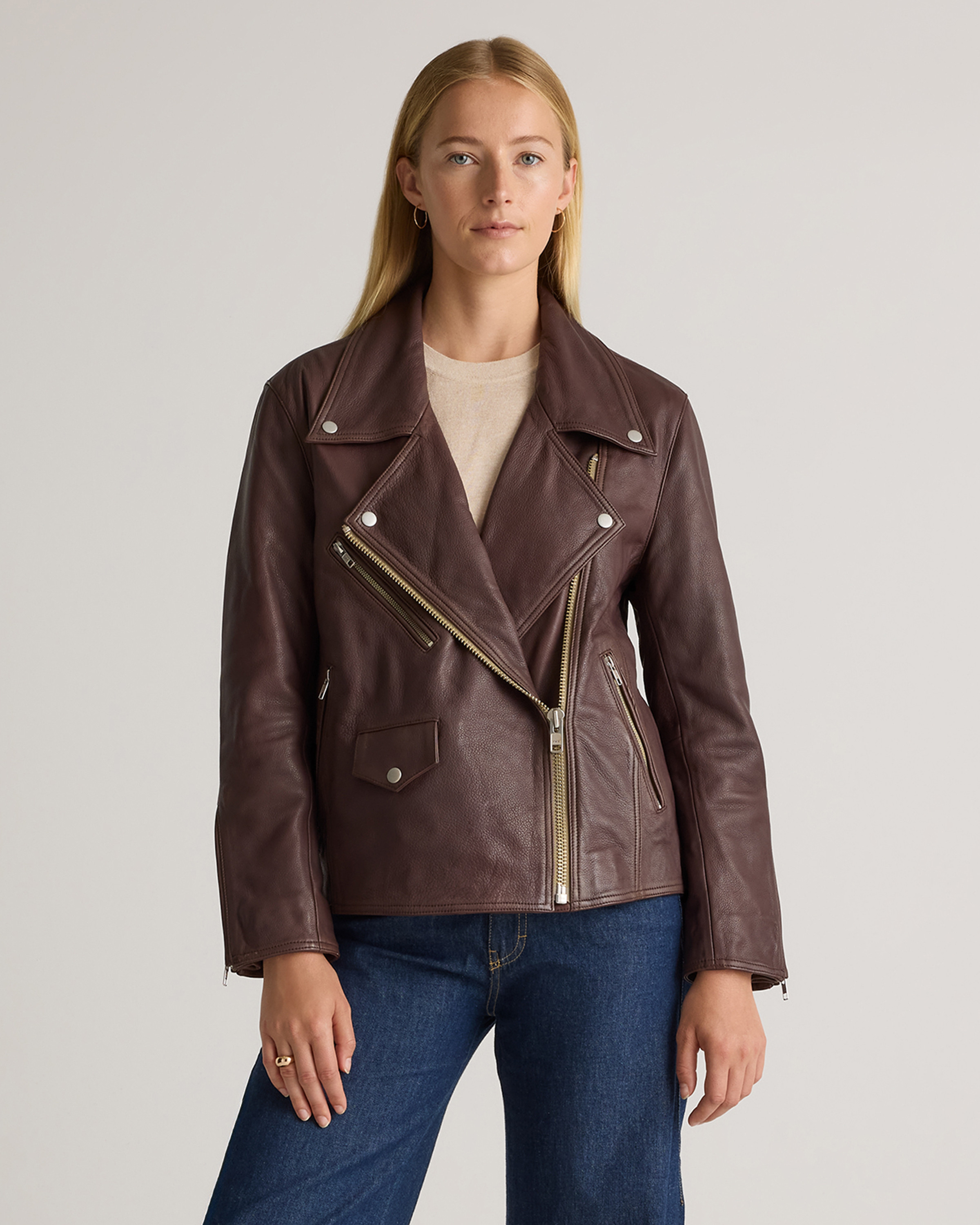 Quince | Women's Oversized Biker Jacket in Brown, Size Small, Leather | Quince