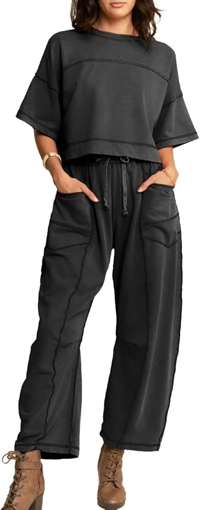 Womens 2 Pieces Sweatsuit Set Cropped Boxy T Shirt Drawstring Wide Leg Pant Travel Tracksuit Casu... | Amazon (US)