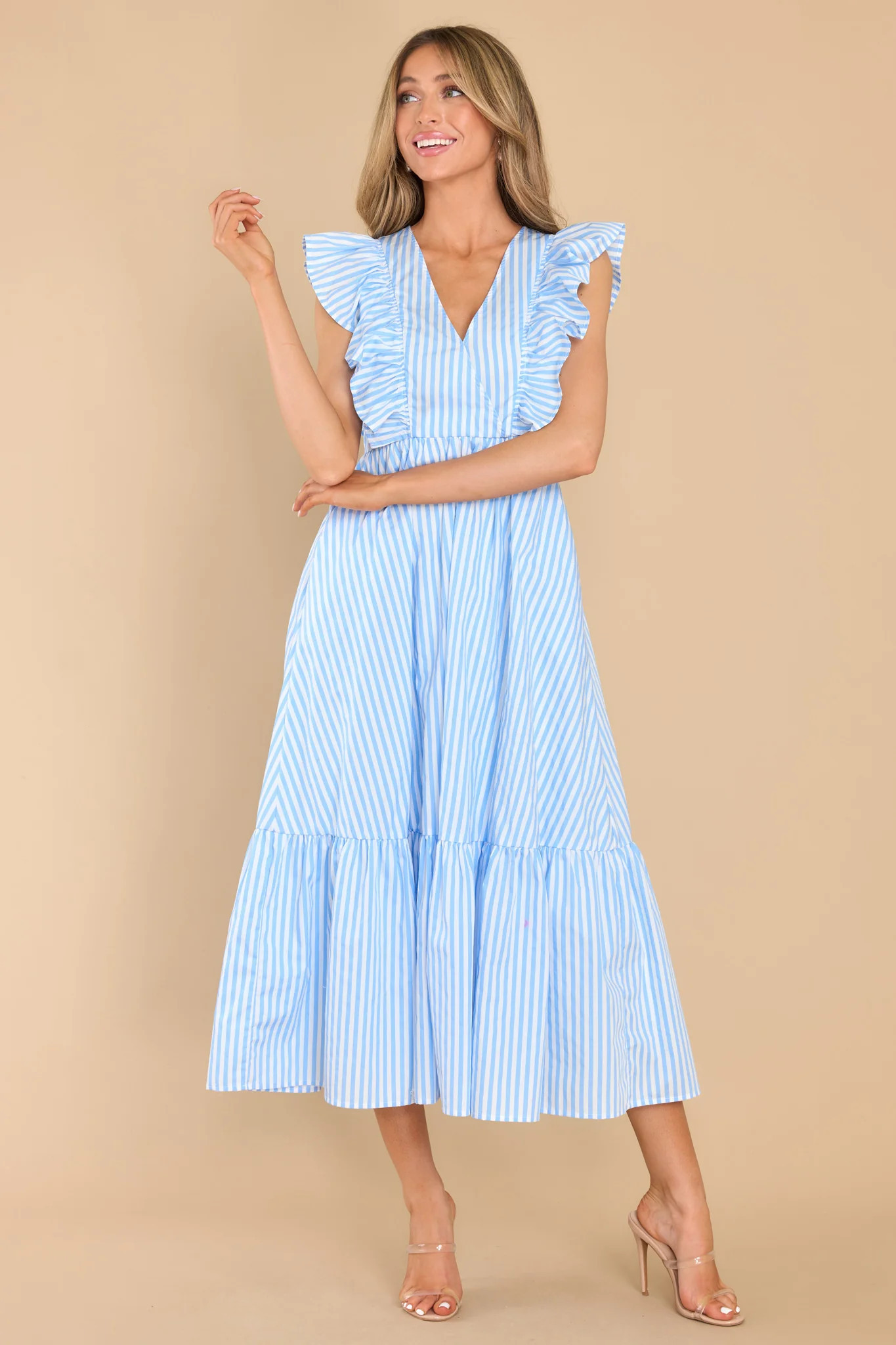 Let Love In Blue Stripe Midi Dress | Red Dress 