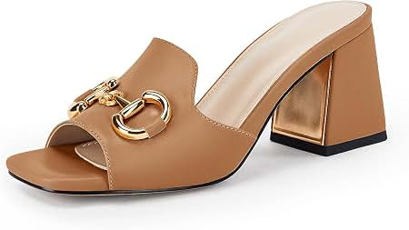 gihubafuil Women's Sandals Peep Toe Slides Chunky Heel Mules Single Band Comfort Slip-on Shoes wi... | Amazon (US)