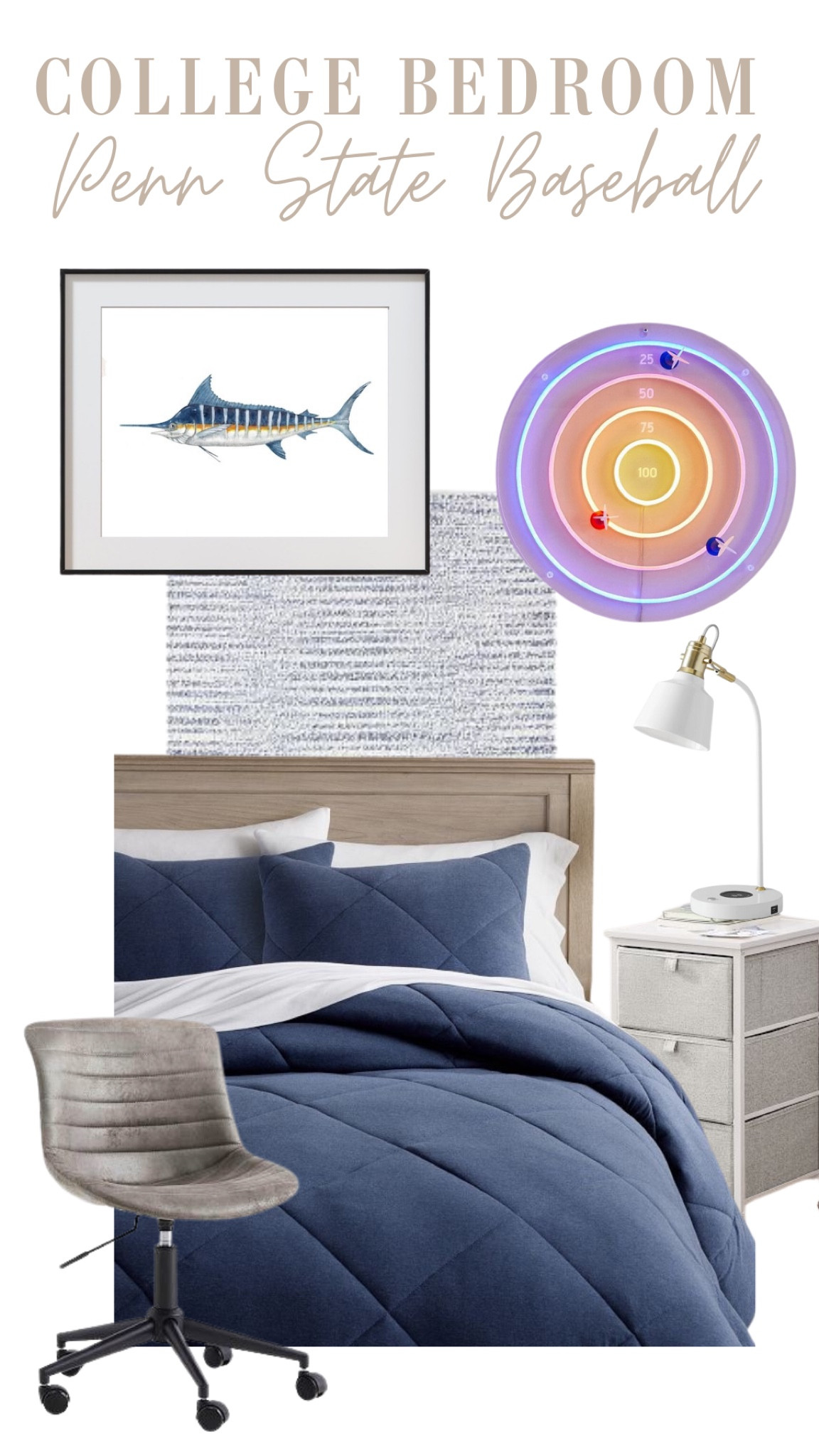 My son’s minimally styled PSU Baseball college apartment… trying to squeeze in the most for a kid who wanted the least!  Essentially, this was bedding, a nightstand, one piece of wall art, a charging lamp and the light up dart board!  

#LTKKids #LTKHome #LTKBacktoSchool