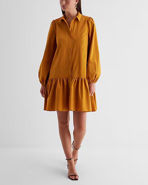 Ruffle Hem Oversized Poplin Mini Shirt Dress | Express