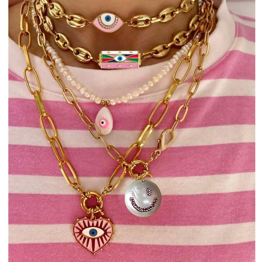 Boho Trendy Short Pink Love Heart Pendant Charm Necklace Hand-Made Exquisite Evil Eye Moon-Shape ... | SHEIN