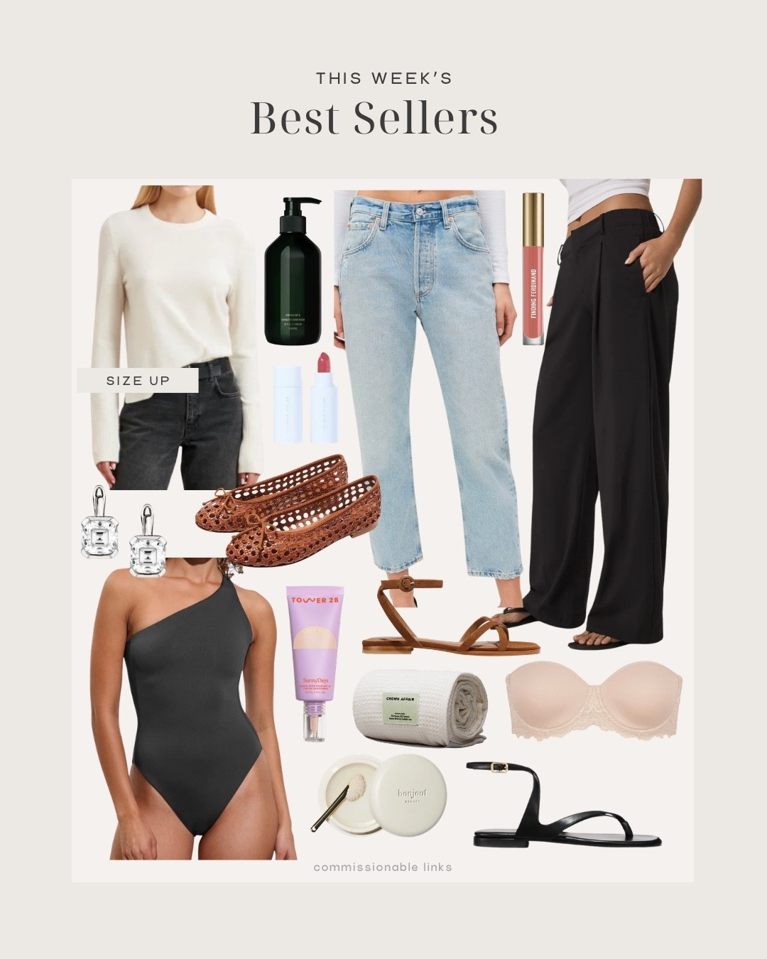 This week’s bestsellers! 
Vuori trousers perfect for travel
Citizens of humanity jeans- love the light wash
One shoulder swimsuit
Strapless bra
Lightweight cashmere sweater
Tinted SPF
Dorsey earrings
Ankle wrap sandals
Pressed solid serum
Hand wash
Lip close
Hair towel

#LTKMothersDay #LTKSeasonal