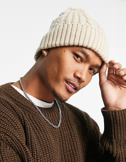 ASOS DESIGN beanie with cable knit and bobble in cream | ASOS (Global)