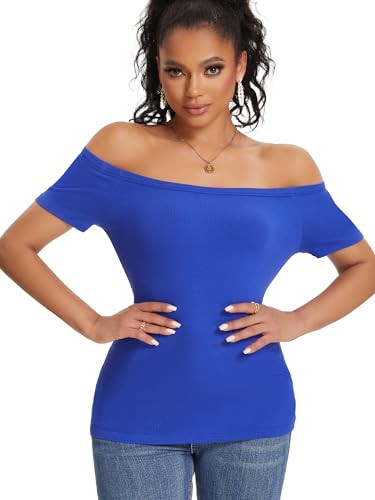 Blue Off The Shoulder Tops for Women Short Sleeve Shirts Ribbed Basic Trendy Stretchy Lightweight Tops(Blue X-Large) | Amazon (US)