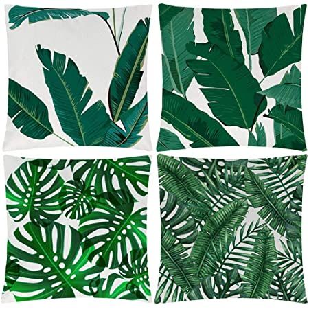 Pack of 4 Tropical Leaves Throw Pillow Cover Decorative Cotton Linen Burlap Square Outdoor Cushio... | Amazon (US)