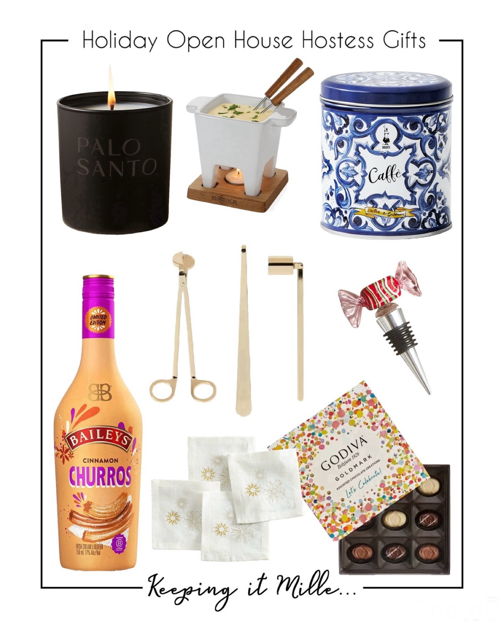 Holiday open house hostess gifts. 

Bailey’s Churro, fondue for two, candle sniffer set, 

#LTKGiftGuide #LTKHoliday #LTKParties