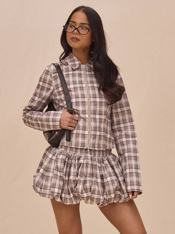 MUSERA Collared Plaid Checked Fitted Double Ended Zip Through Jacket, Co-Ord Top Only Spring 90s ... | SHEIN