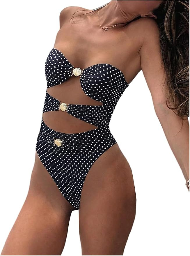 SHENHE Women's Cutout One Piece Swimsuit Strapless Polka Dots Seashell Metal Padded Bathing Suit | Amazon (US)