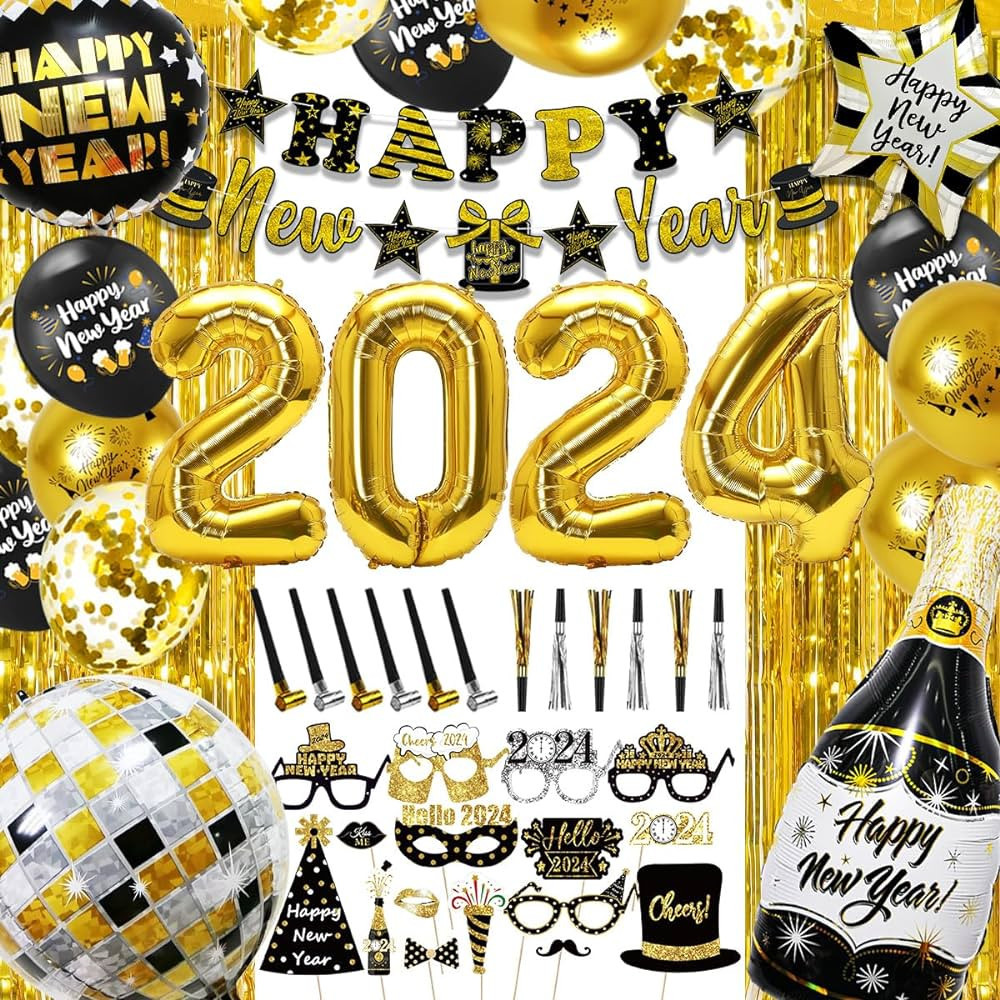 MOVINPE New Years Eve Party Decorations 2024 Black Gold, Happy New Year Party Supplies, Banner Gi... | Amazon (US)