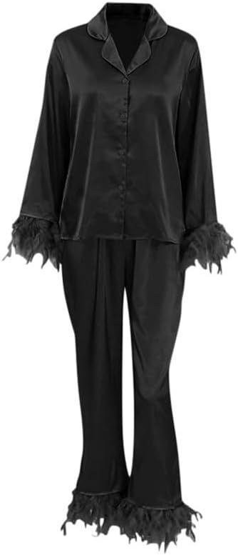 LAPAYA Women's Pajama Set Feather Trim Lounge Sets Satin Silk Pj Set Long Sleeve Loungewear Sleep... | Amazon (US)