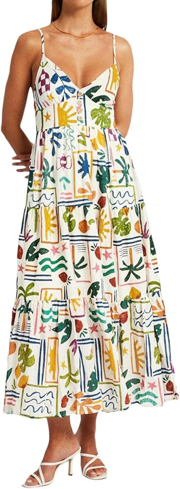 Womens Spaghetti Strap Smocked Dress Maxi Flowy Sleeveless Dresses Boho V Neck Dresses Y2K Sexy B... | Amazon (US)