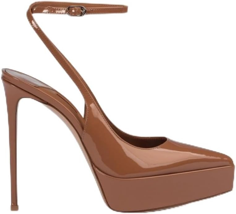 Women’s high-shine platform stiletto sandals with a single strap buckle, nude strap, shallow-cut toe, and slender heel. Perfect for formal events like dinners, weddings, and parties. | Amazon (US)