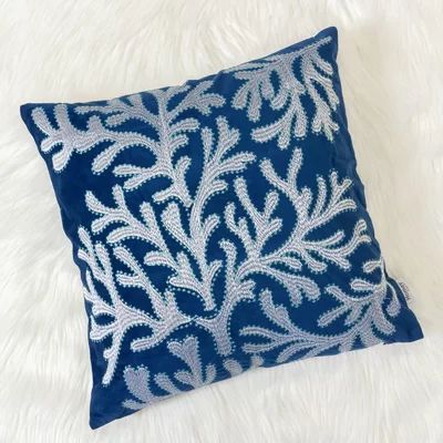 Farnham Embroidery Coral Island Velvet Throw Pillow Highland Dunes Color: Blue | Wayfair North America