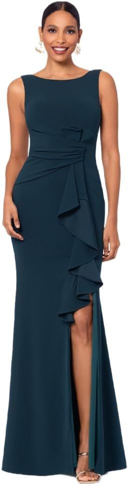 Betsy & Adam Women's Long Sleeveless Boat Neck Ruffle Side Slit Scuba Crepe Gown | Amazon (US)