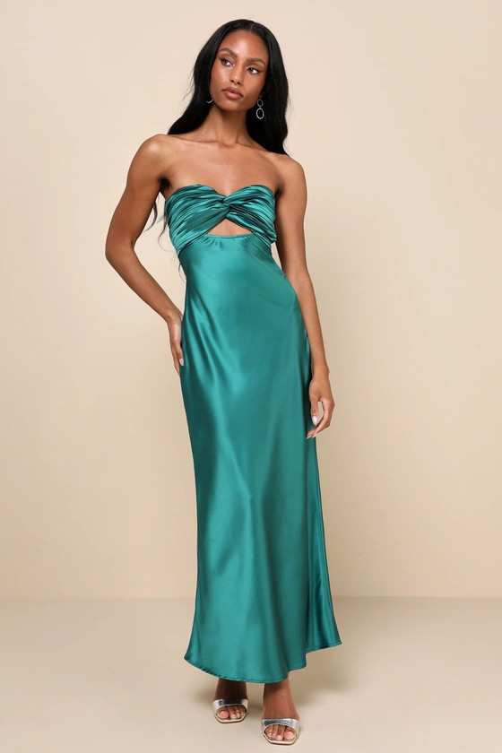 So Rare Emerald Green Satin Strapless Twist-Front Midi Dress | Lulus