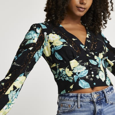 Black floral lace trim long sleeve corset top | River Island (UK & IE)