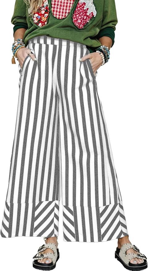 Women Striped Pants Wide Leg Elastic Waist Pants Casual Summer Beach Trousers with Pockets | Amazon (US)