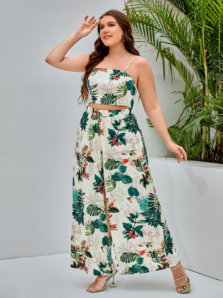 SHEIN VCAY Plus Tropical Print Tie Back Crop Cami Top & Wide Leg Pants | SHEIN