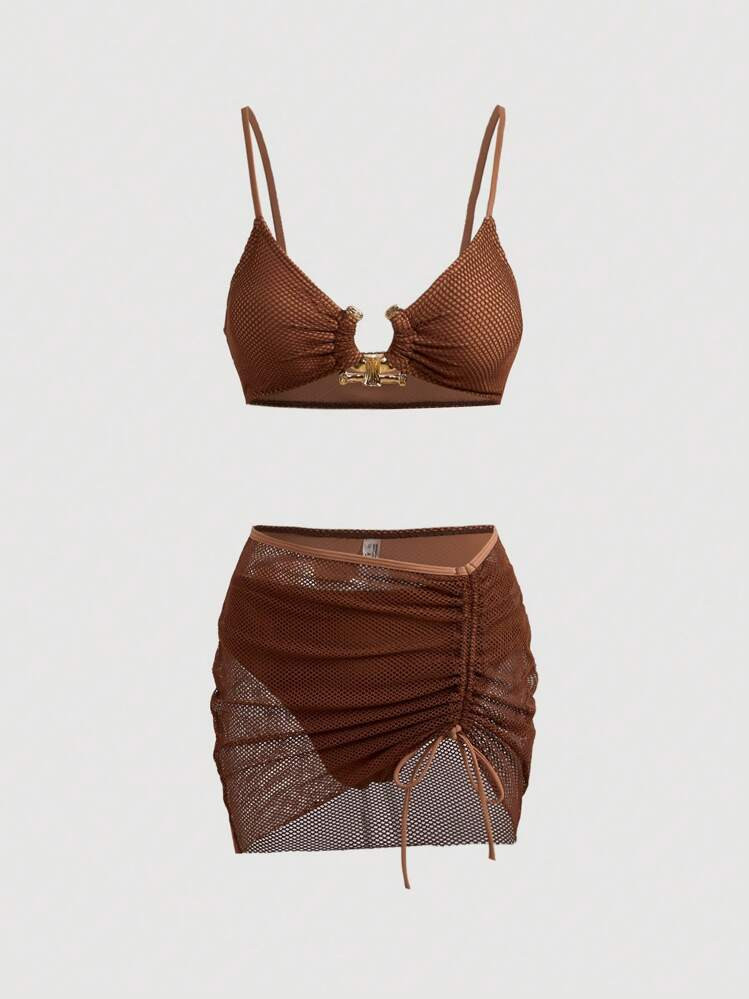 SHEIN MOD 3pcs Set: Metal Decor Ruched Fishnet Bra And Brown Skirt, Swim Suits For Women Women Bikini Sets,Push Up Bathing Suit,3 Pieces Bathing Suit,Resort Wear Women,Beach Vacation Outfits, Vintage, Western Wear Women | SHEIN