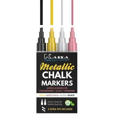Kassa Metallic Liquid Chalk Markers for Blackboards (Gold, Rose Gold, Silver & Black) - 4 Colored Pa | Walmart (US)