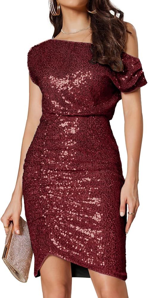 GRACE KARIN Women's Sequin Dress One Shoulder Sparkly Glitter Ruched Bodycon Party Night Out Club... | Amazon (US)