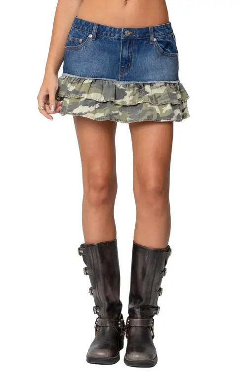 EDIKTED Camo Ruffle Denim Miniskirt in Blue-Washed at Nordstrom, Size Small | Nordstrom