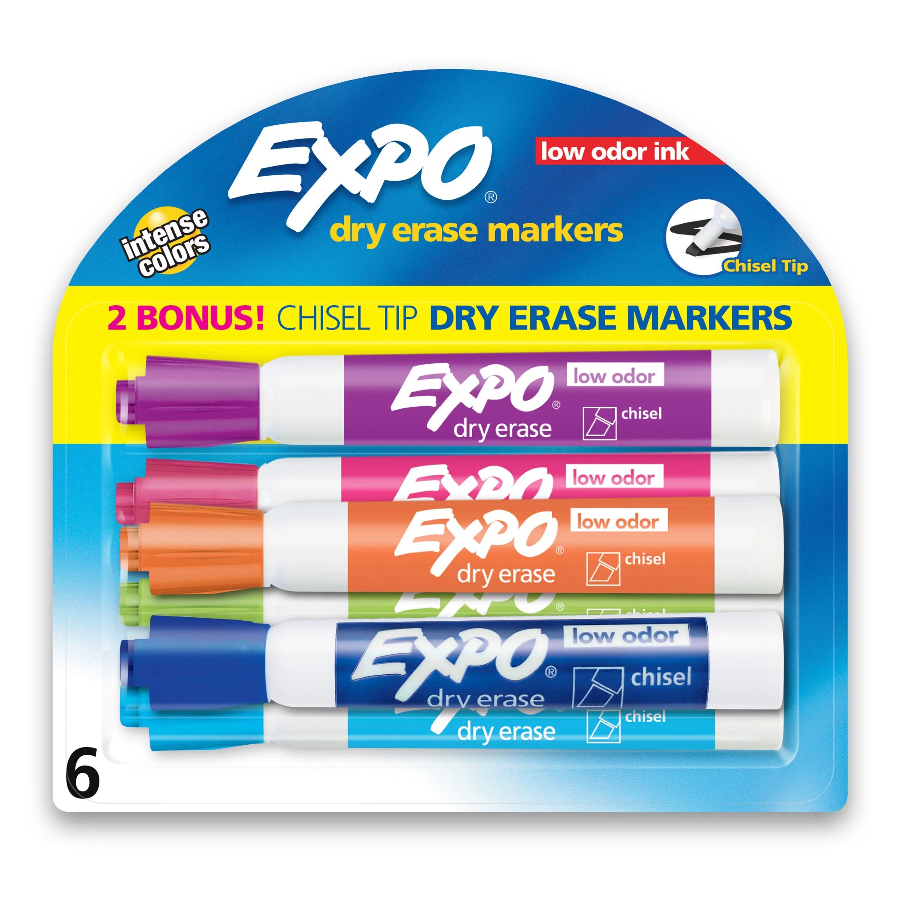 EXPO Dry Erase Markers, Assorted Colors, Low Odor, Chisel Tip, 6 Count | Walmart (US)