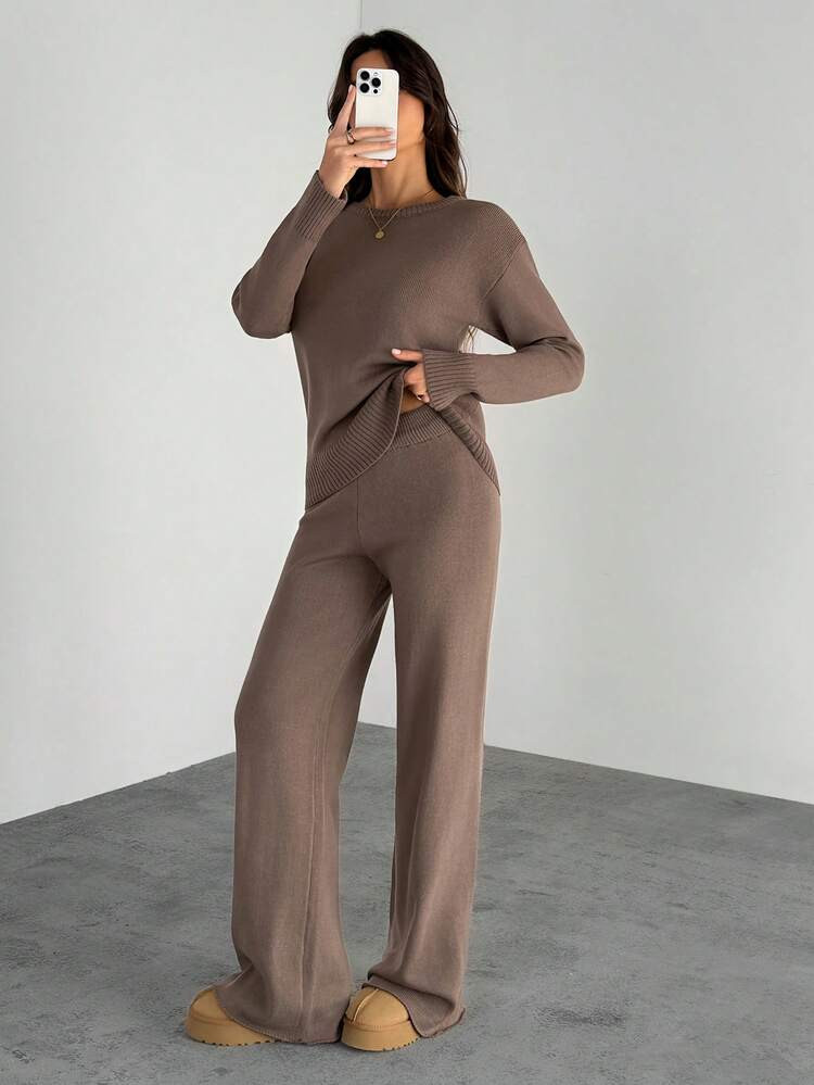 SHEIN Tall Women Solid Color Crew Neck Long Sleeve Sweater And Long Pants Casual Regular Outfit, Autumn/Winter,Fall,Fall Clothes For Women,Winter Clothes For Women | SHEIN