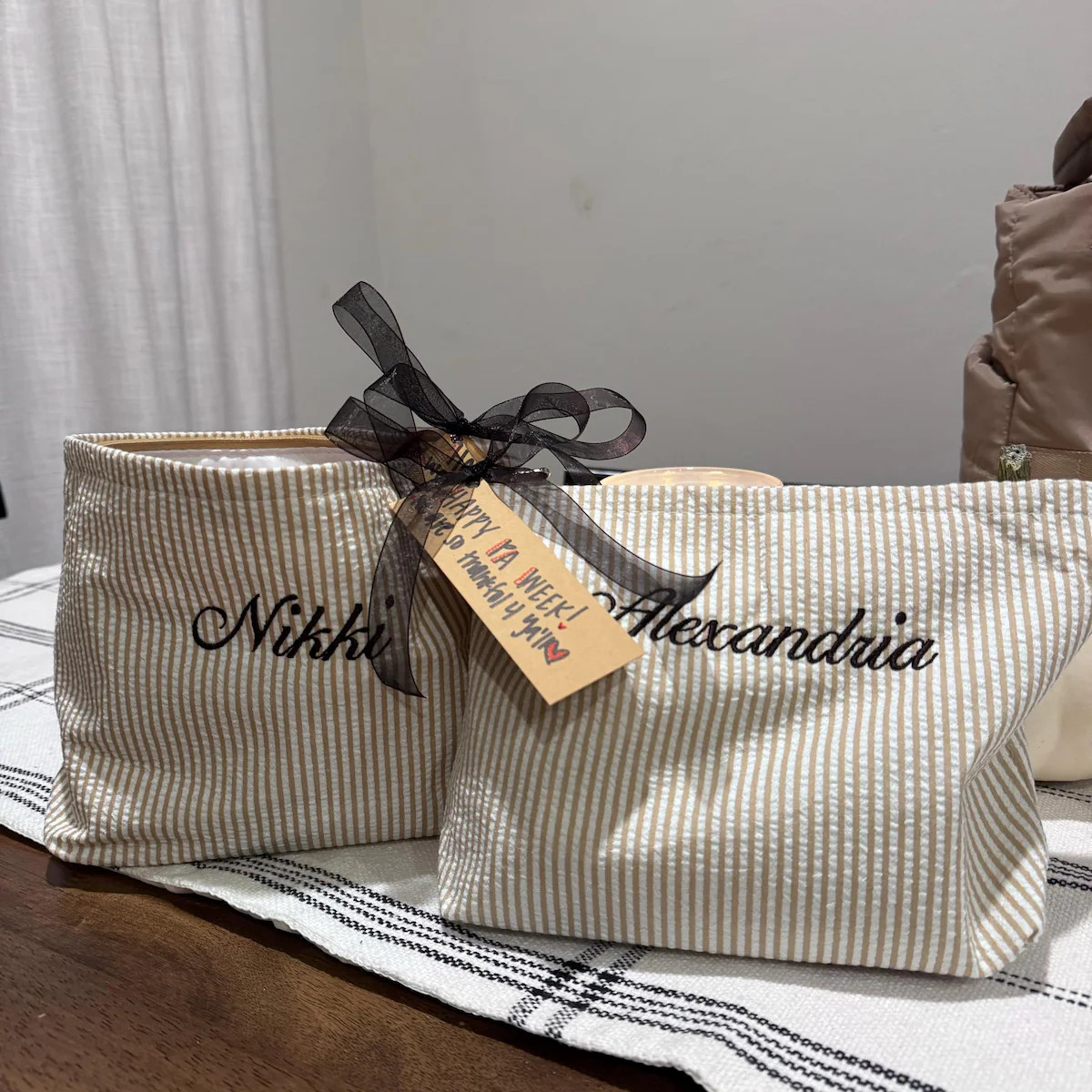 Embroidered Seersucker Makeup Bag and Cosmetic Pouch | Gift for Her | Mother's Day Gift | Cotton ... | Etsy (Global)
