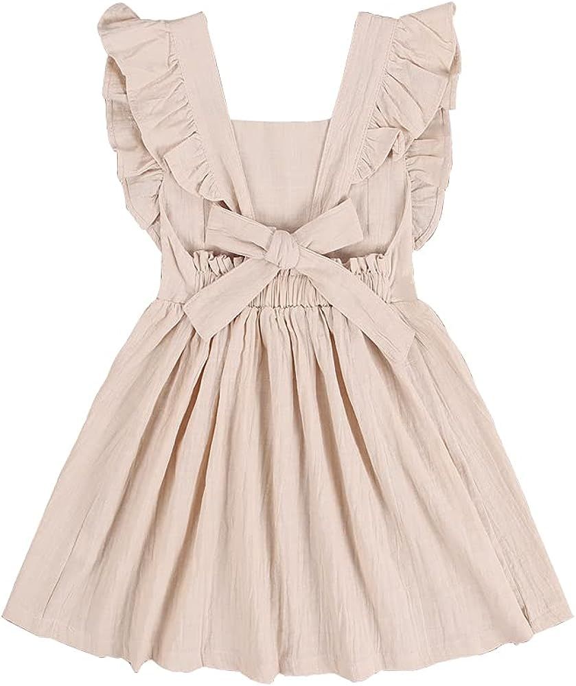 GLIGLITTR Toddler Baby Girl Cotton Linen Summer White Dress Ruffle Decoration Back Button Down Sleev | Amazon (US)