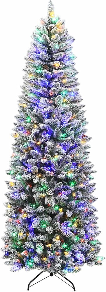 Hykolity 7.5 ft Prelit Snow Flocked Pencil Christmas Tree with 300 Multicolor LED Lights, Artific... | Amazon (US)
