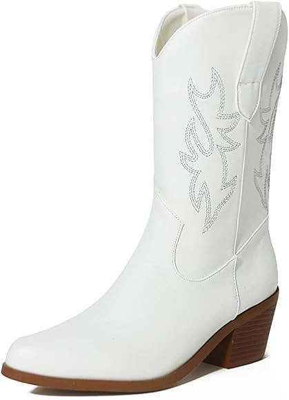 CELNEPHO Cowboy Cowgirl Boots For Women Fashion Retro Embroidered Mid Block Chunky Heel Pointed T... | Amazon (US)