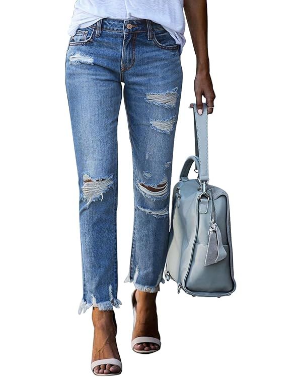 Sidefeel Women Distressed Raw Hem Washed Boyfriend Jeans Destroyed Straight Leg Denim Pants | Amazon (US)