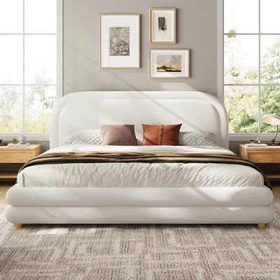 Mina Japandi Modern Bouclé Upholstered Platform Bed With Thick Curved Headboard And Solid Wood Legs | Wayfair North America