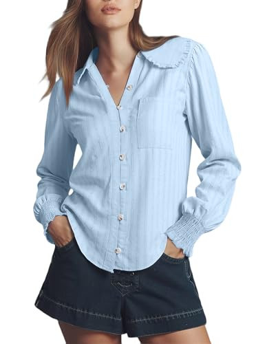 LOMON Womens Long Sleeve Tops Button Down Cotton Shirts Business Casual Button Up Linen Clothes Light Blue M | Amazon (US)