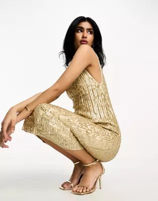 ASOS DESIGN high neck embellished midi dress in plisse sequin in gold | ASOS (Global)