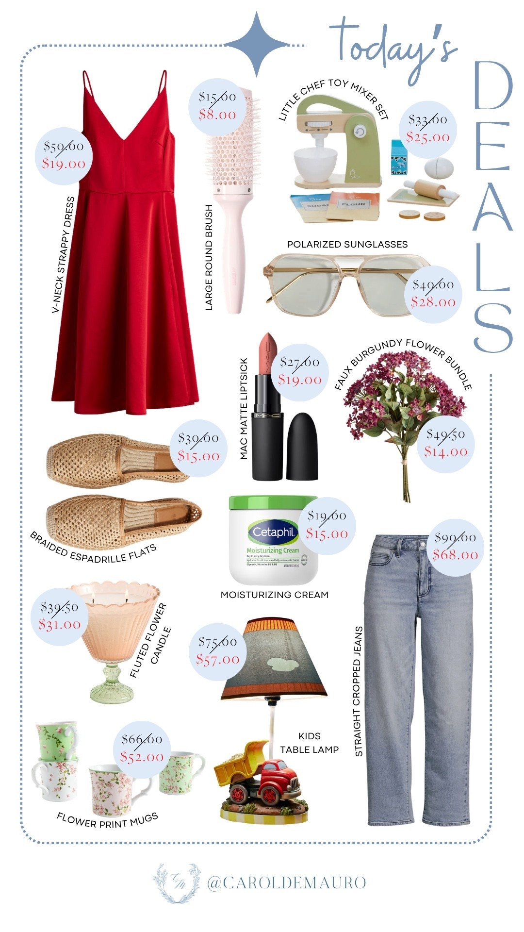 Treat yourself to a shopping spree with today’s best finds! You’ll love these fashion must-haves: from a red v-neck strappy dress and braided espadrille flats to straight cropped jeans and polarized sunglasses. You can also elevate your beauty routine with a large round brush, MAC matte lipstick, and moisturizing cream. Plus, don’t miss the floral-print mugs, kids’ table lamp, and little chef toy mixer set!

on sale now, date night outfit, fashion accessories, spring decor, skincare finds, beauty essentials, kids toy, gift guide

#LTKSeasonal #LTKSaleAlert #LTKKids