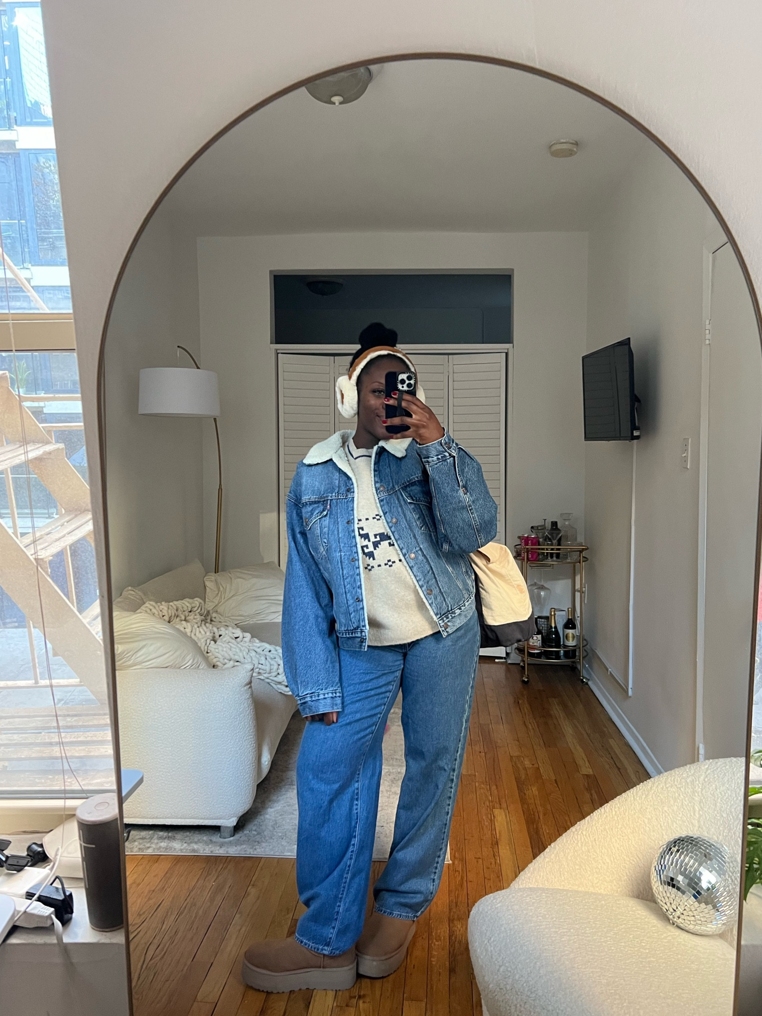 Winter outfit, sweater outfit, Sherpa jacket, denim jacket, baggy jeans, Uggs, ear muffs 

#LTKsalealert #LTKCyberWeek #LTKGiftGuide